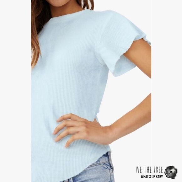 FREE PEOPLE / WE THE FREE WHAT’S UP BABY WAFFLE KNIT TEE IN NEON SKY BLUE XS - Picture 3 of 11